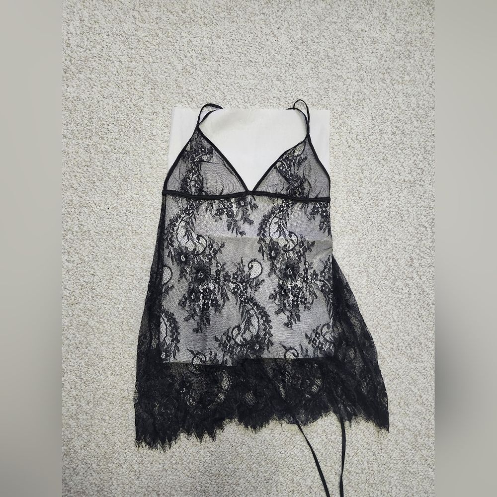 Adore Me Black Lace Fringe Cross Back Babydoll Nightgown M